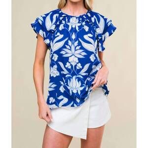 NEW FLYING TOMATO woven beauty floral top in blue